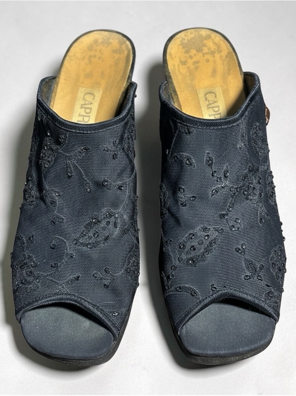 Caparros Black Embroidered Open-Toe Slip-On Mules